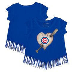 Chicago Cubs Tiny Turnip Girls Youth Heart Bat Fringe T-Shirt - Royal T-shirts