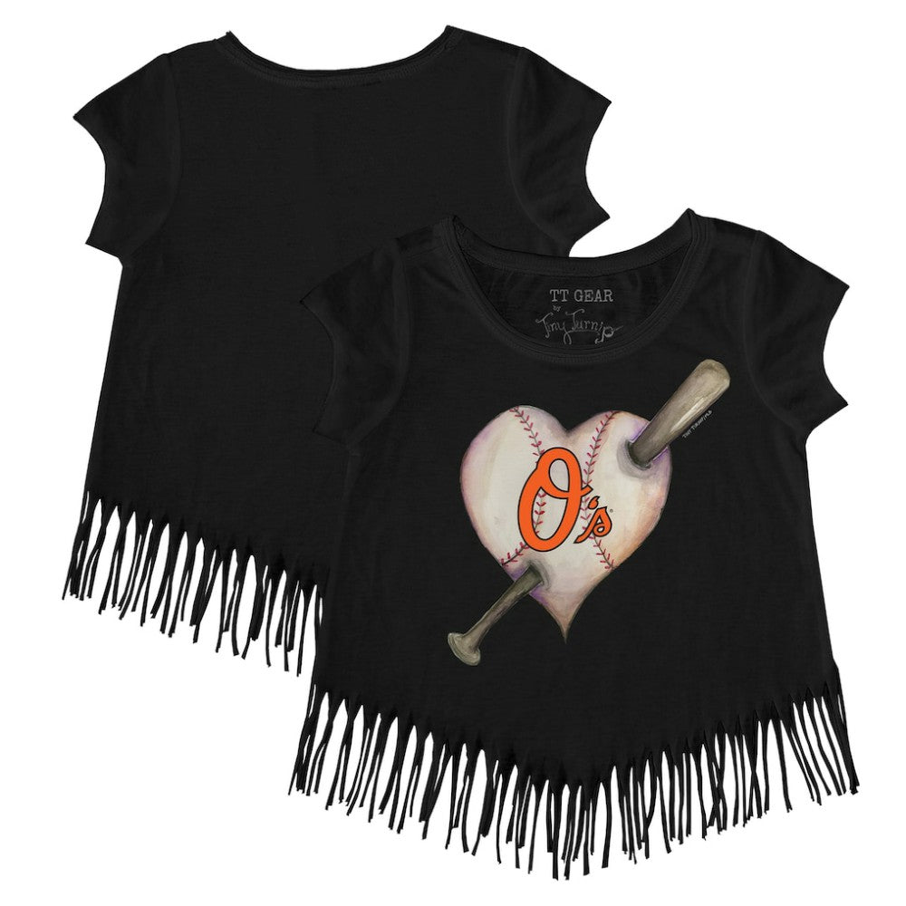 Baltimore Orioles Tiny Turnip Girls Youth Heart Bat Fringe T-Shirt - Black T-shirts
