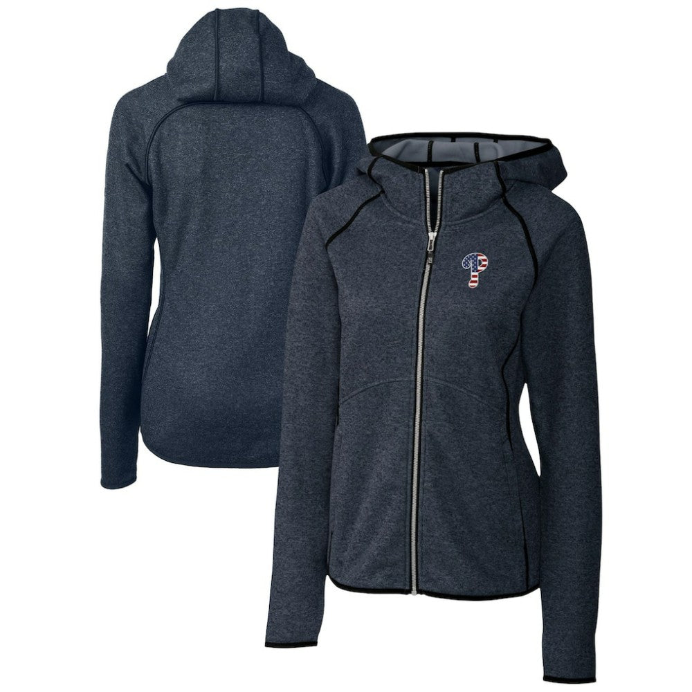Philadelphia Phillies Cutter & Buck Women's Americana Logo Mainsail Sweater-Knit Full-Zip Hoodie - Heather Navy Hoodies