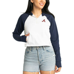 Atlanta Braves Lusso Women's Jane Raglan Quarter-Zip Tri-Blend Cropped Pullover Hoodie - White Hoodies
