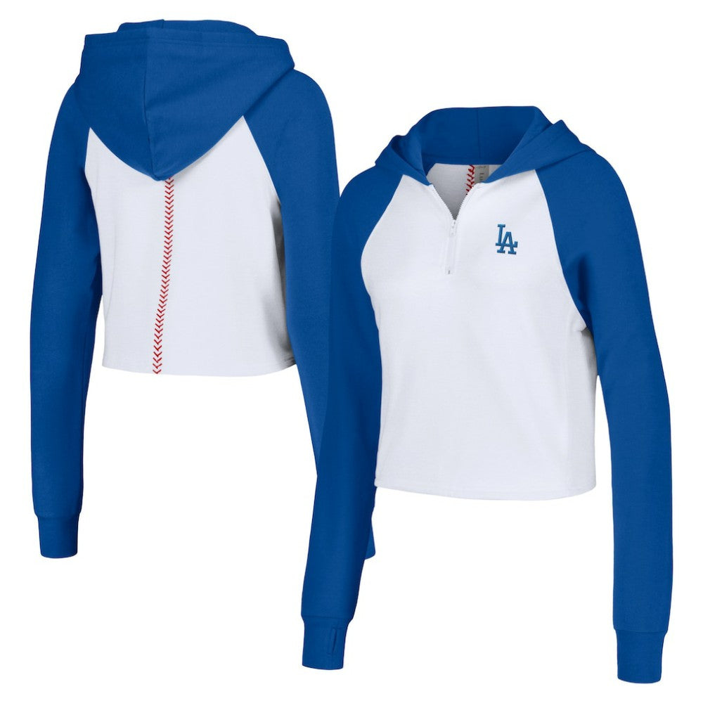 Los Angeles Dodgers Lusso Women's Jane Raglan Quarter-Zip Tri-Blend Cropped Pullover Hoodie - White Hoodies
