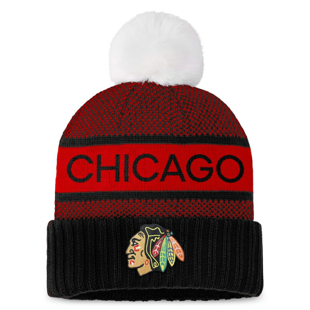 Chicago Blackhawks Fanatics Women's Authentic Pro Rink Cuffed Knit Hat with Pom - Black/Red | US 200000792