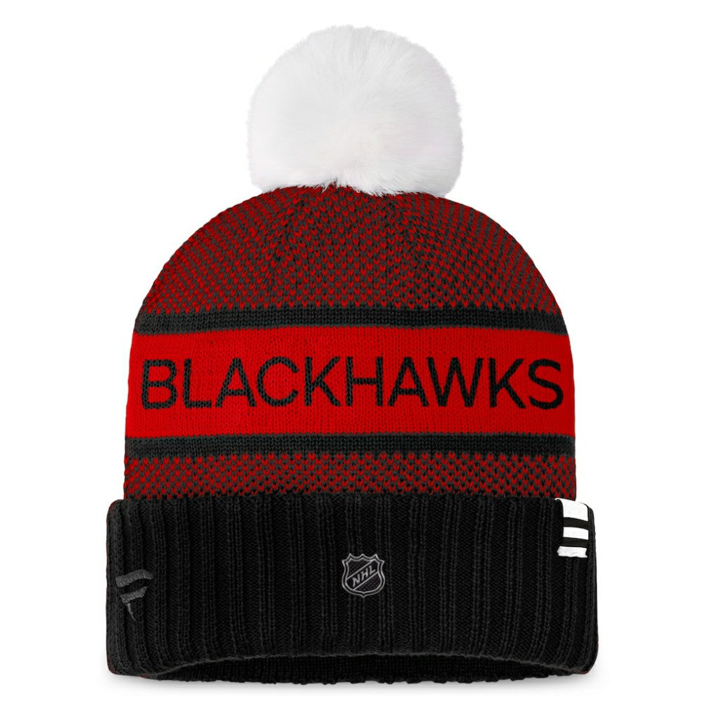 Chicago Blackhawks Fanatics Women's Authentic Pro Rink Cuffed Knit Hat with Pom - Black/Red | US 200000792