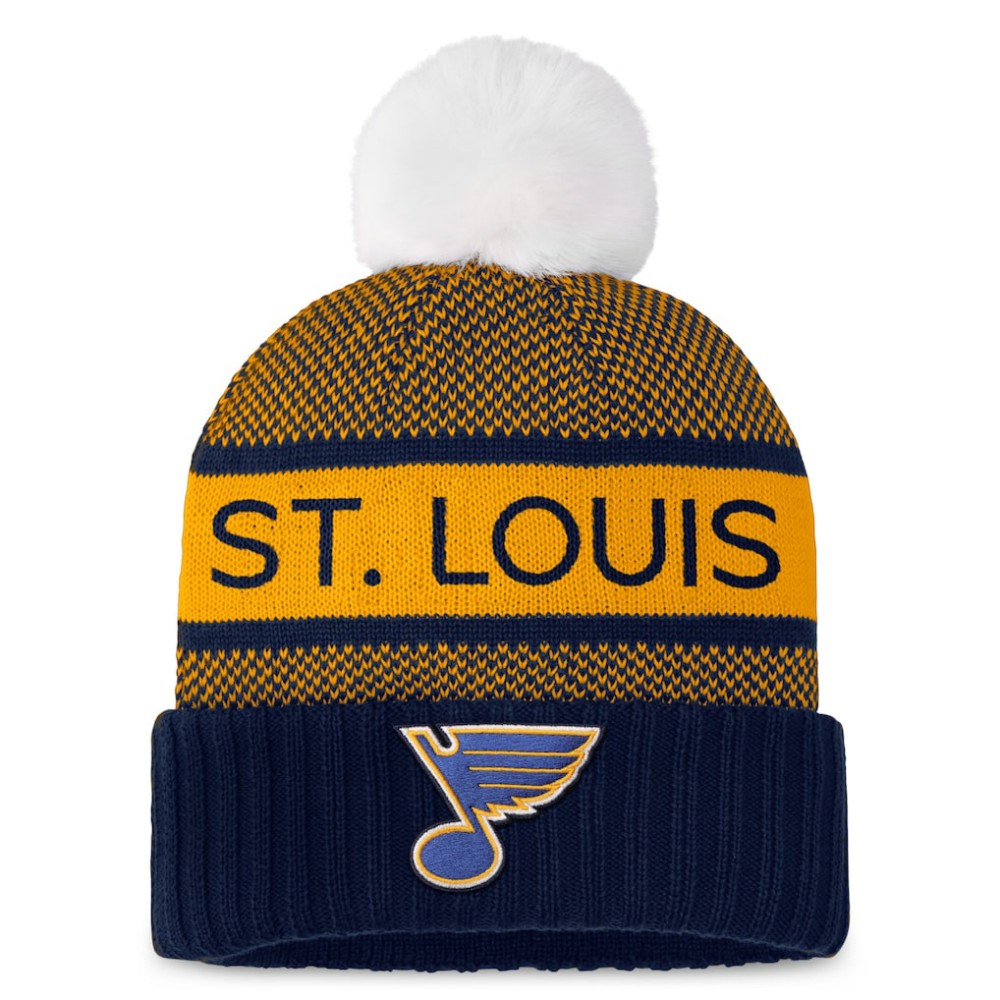 St. Louis Blues Fanatics Women's Authentic Pro Rink Cuffed Knit Hat with Pom - Navy/Gold | US 200000868