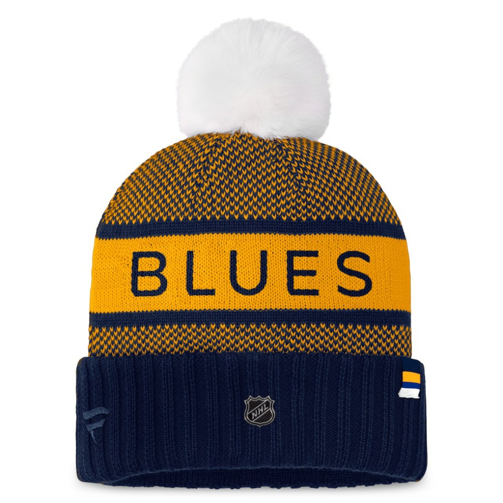 St. Louis Blues Fanatics Women's Authentic Pro Rink Cuffed Knit Hat with Pom - Navy/Gold | US 200000868