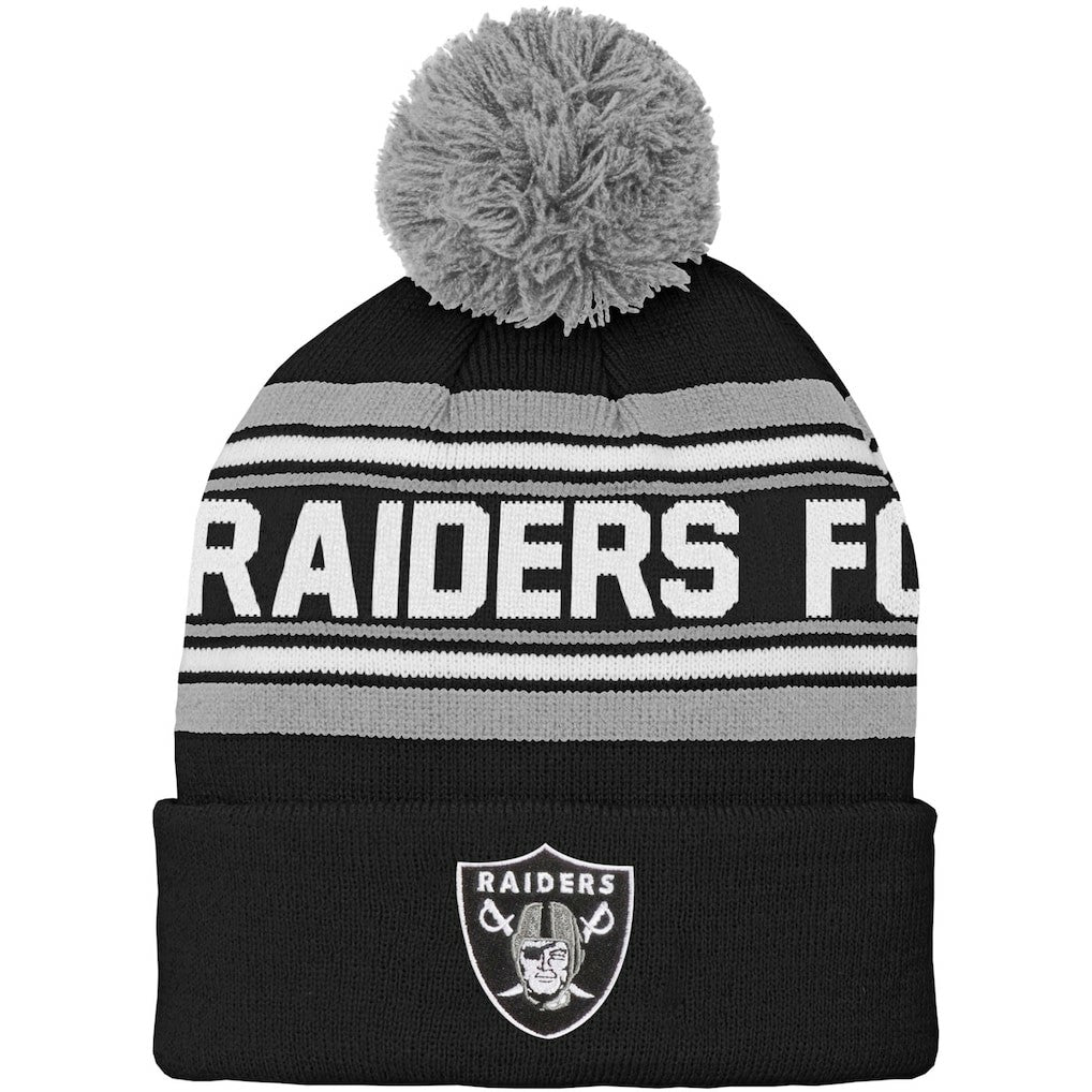 Las Vegas Raiders Youth Jacquard Cuffed Knit Hat with Pom - Black Hats