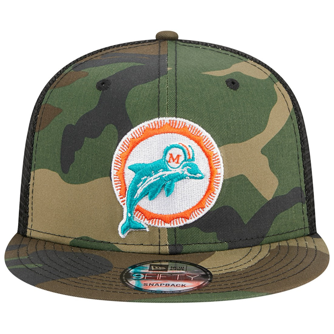 Miami Dolphins New Era Throwback Main Trucker 9FIFTY Snapback Hat - Camo Hats
