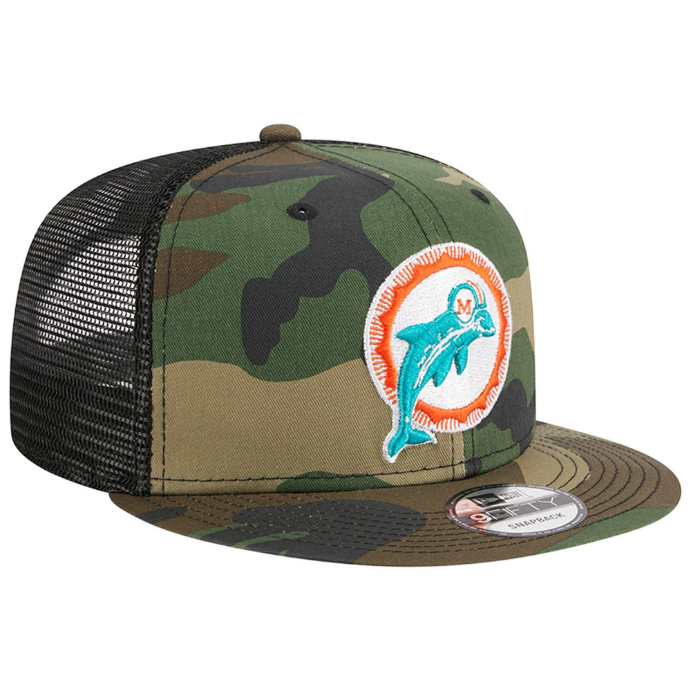 Miami Dolphins New Era Throwback Main Trucker 9FIFTY Snapback Hat - Camo Hats