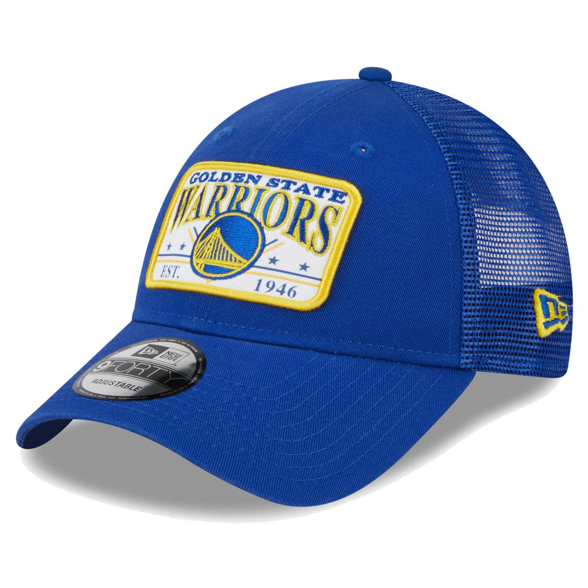 Golden State Warriors Plate Oversized Patch Trucker 9FORTY Adjustable Hat Royal - New Era outlet