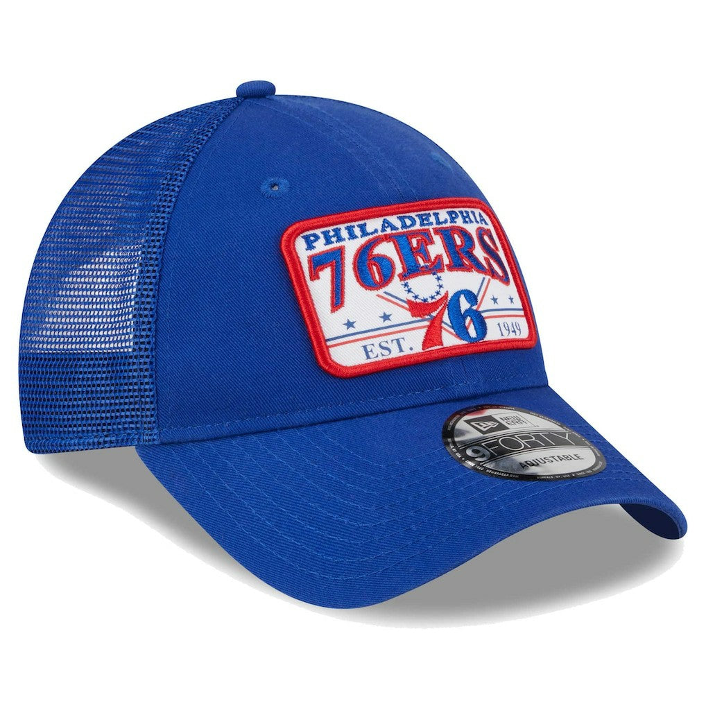 Philadelphia 76ers Plate Oversized Patch Trucker 9FORTY Adjustable Hat Royal - New Era