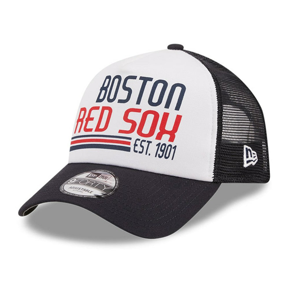 Boston Red Sox New Era Stacked A-Frame Trucker 9FORTY Adjustable Hat - White/Navy Hats