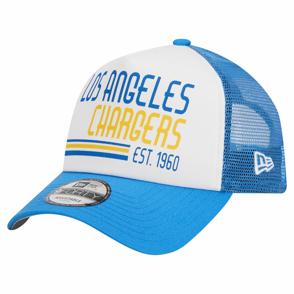 Los Angeles Chargers New Era Stacked A-Frame Trucker 9FORTY Adjustable Hat - White/Powder Blue Hats