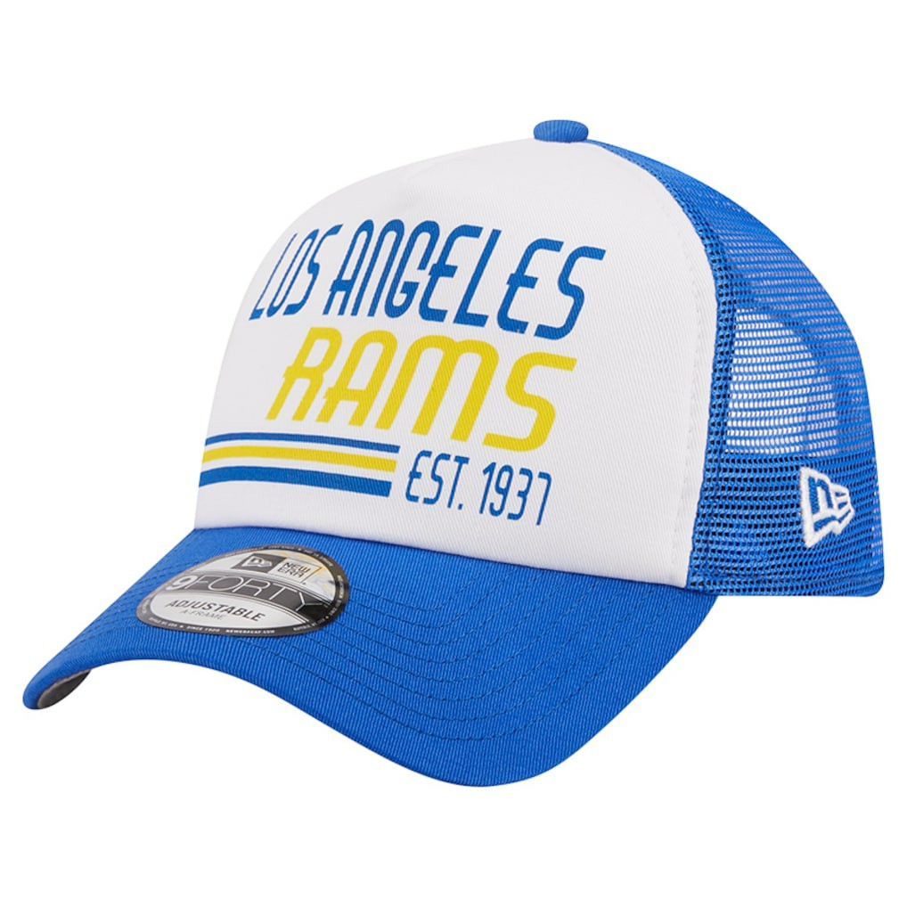 Los Angeles Rams New Era Stacked A-Frame Trucker 9FORTY Adjustable Hat - White/Royal Hats