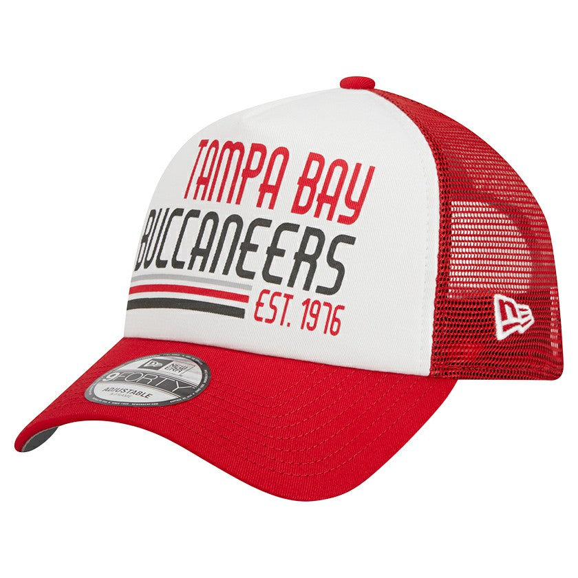 Tampa Bay Buccaneers New Era Stacked A-Frame Trucker 9FORTY Adjustable Hat - White/Red Hats