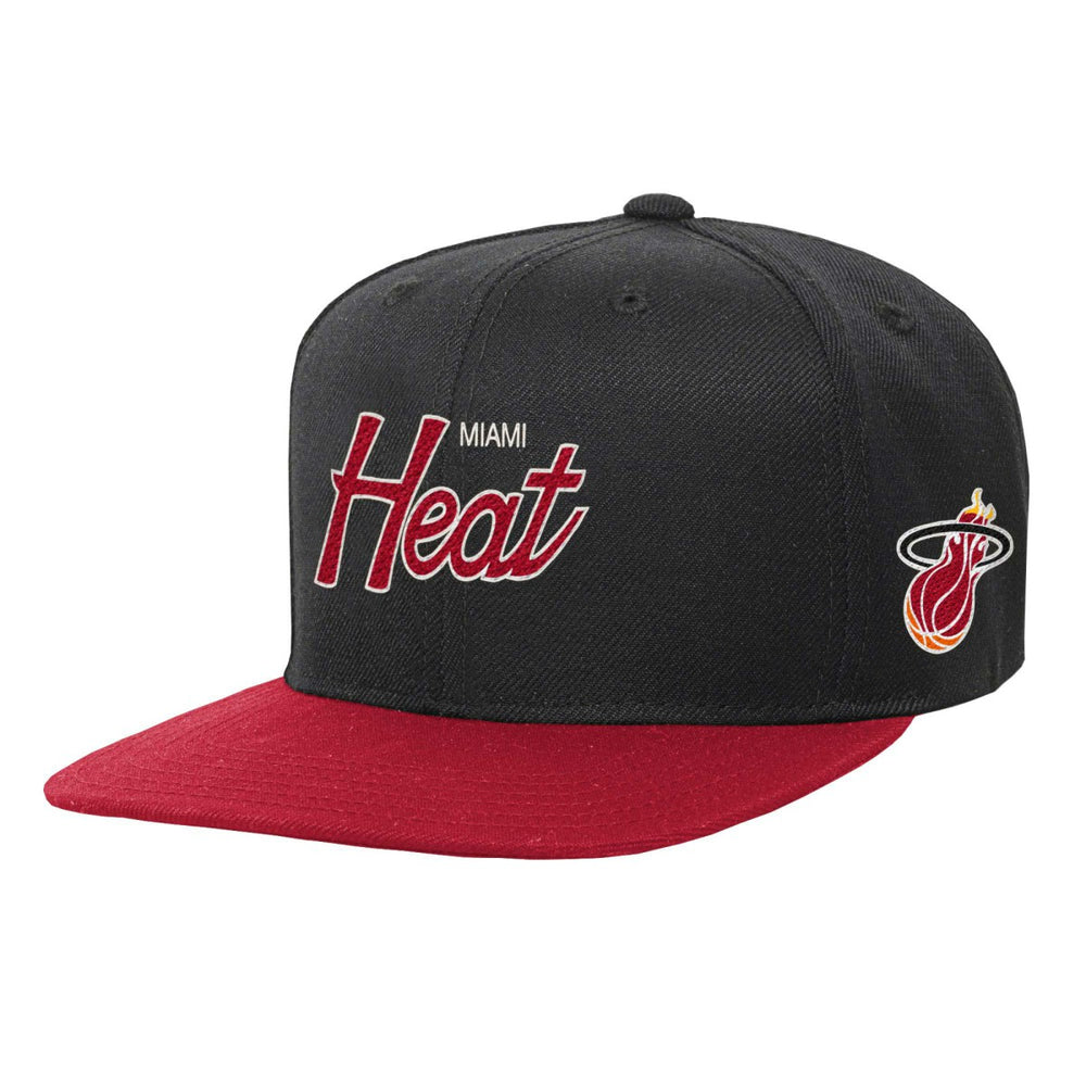 Miami Heat Youth Team Script Snapback Hat Black - Mitchell & Ness
