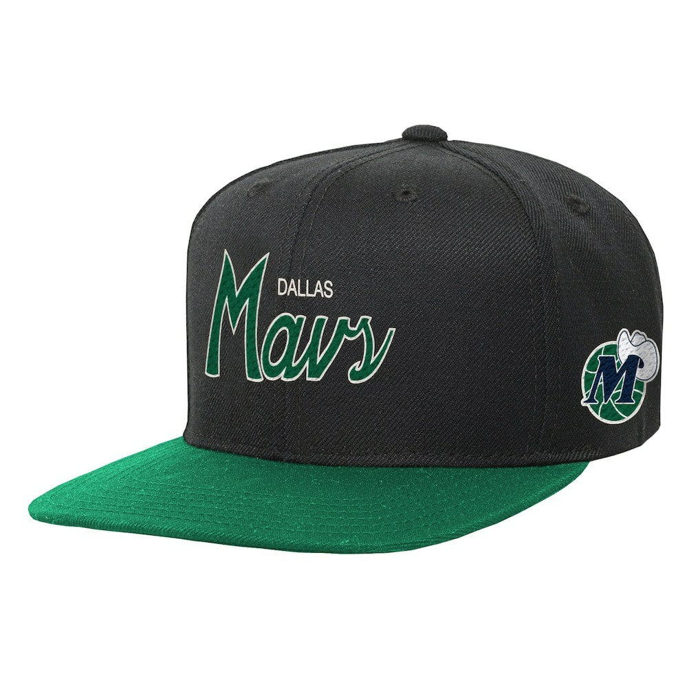 Dallas Mavericks Youth Team Script Snapback Hat Black - Mitchell & Ness