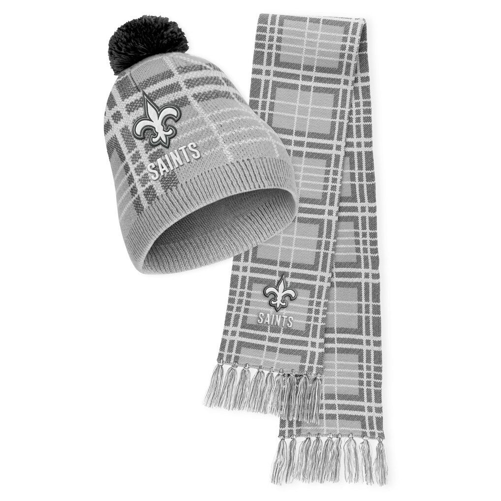 New Orleans Saints WEAR by Erin Andrews Women's Plaid Knit Hat with Pom & Scarf Set