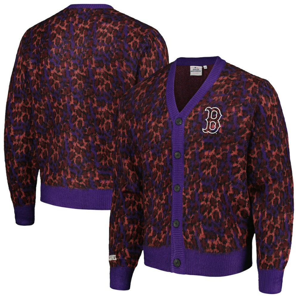 Boston Red Sox PLEASURES Cheetah Cardigan Button-Up Sweater - Purple