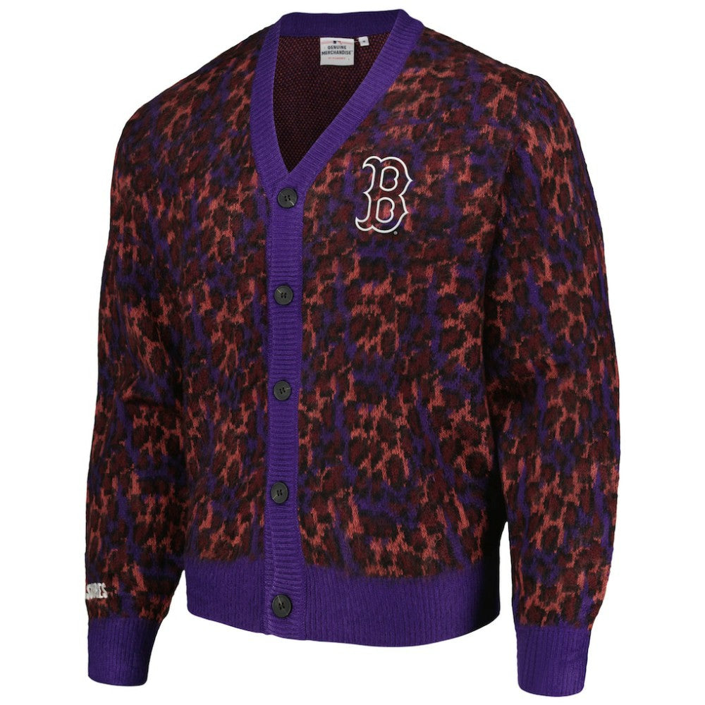Boston Red Sox PLEASURES Cheetah Cardigan Button-Up Sweater - Purple