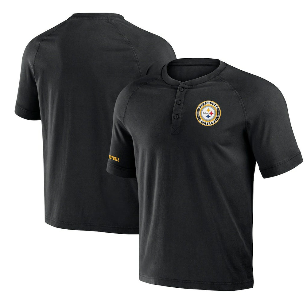 Pittsburgh Steelers NFL x Darius Rucker Collection Washed Raglan Henley T-Shirt - Black T-shirts