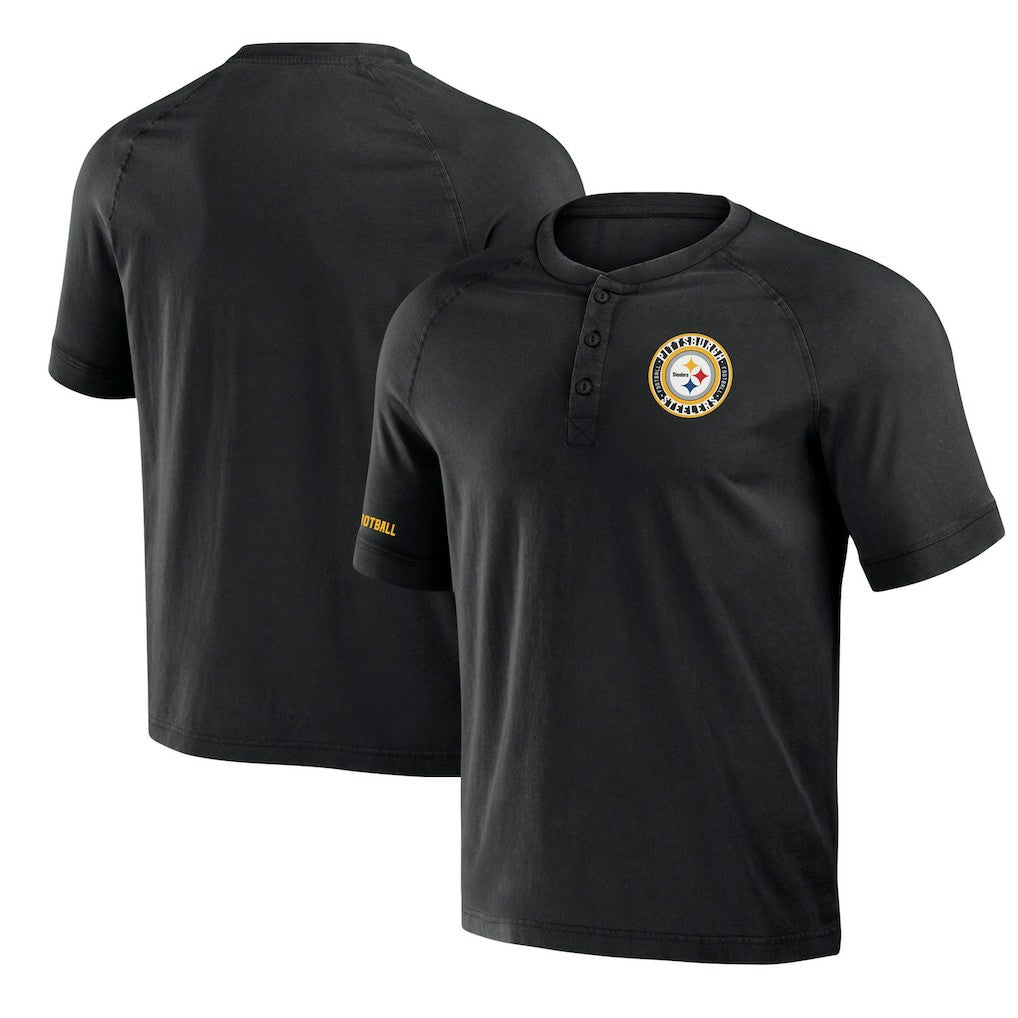 Pittsburgh Steelers NFL x Darius Rucker Collection Washed Raglan Henley T-Shirt - Black T-shirts