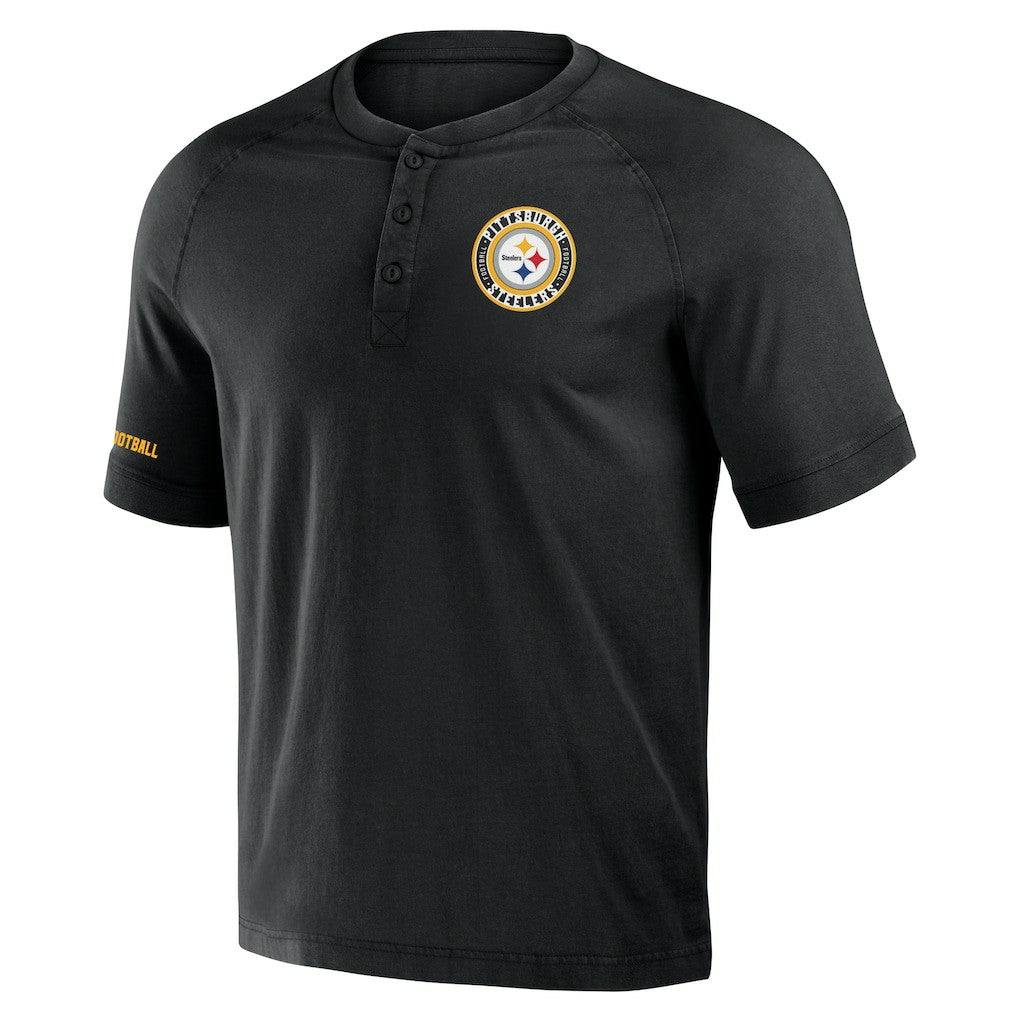 Pittsburgh Steelers NFL x Darius Rucker Collection Washed Raglan Henley T-Shirt - Black T-shirts