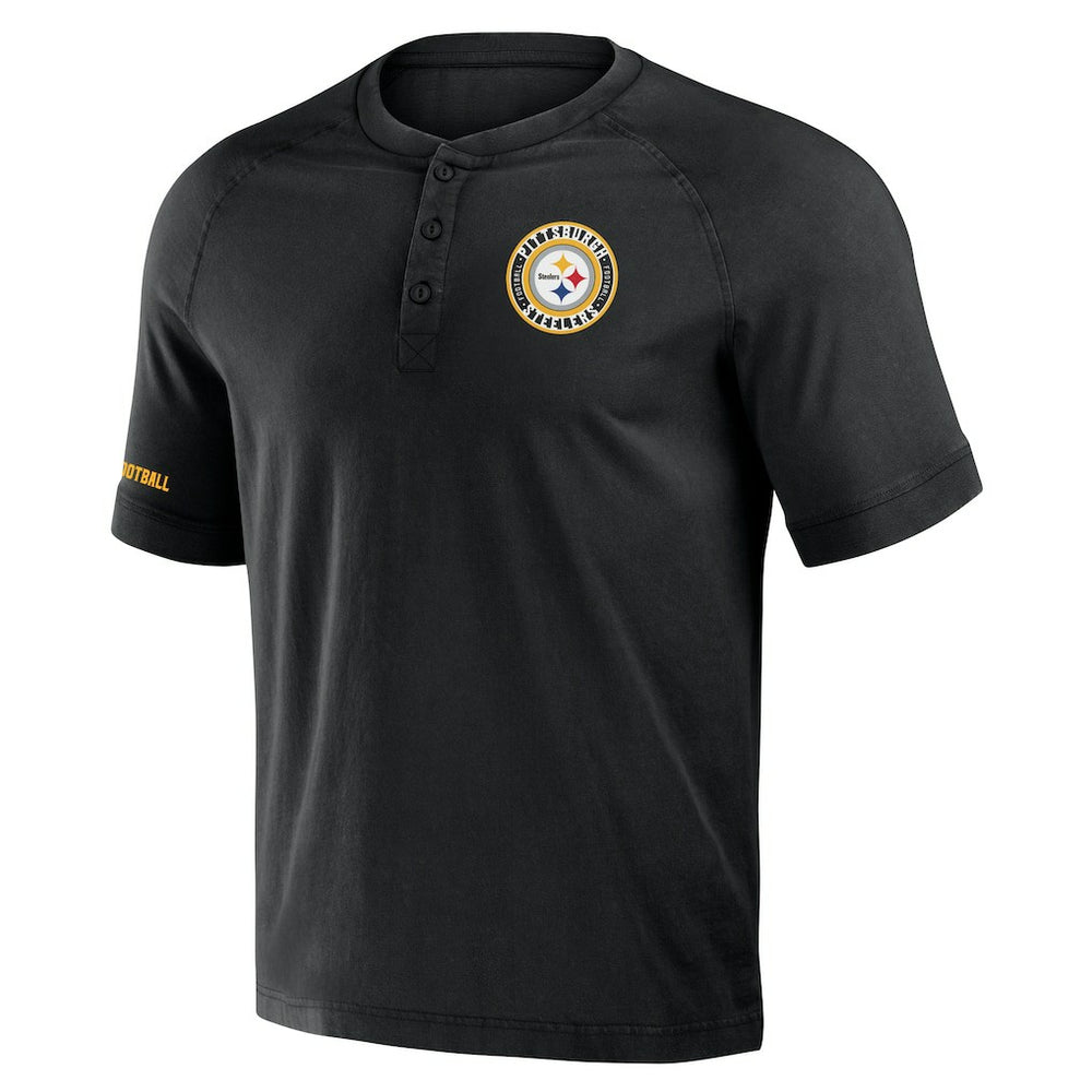 Pittsburgh Steelers NFL x Darius Rucker Collection Washed Raglan Henley T-Shirt - Black T-shirts