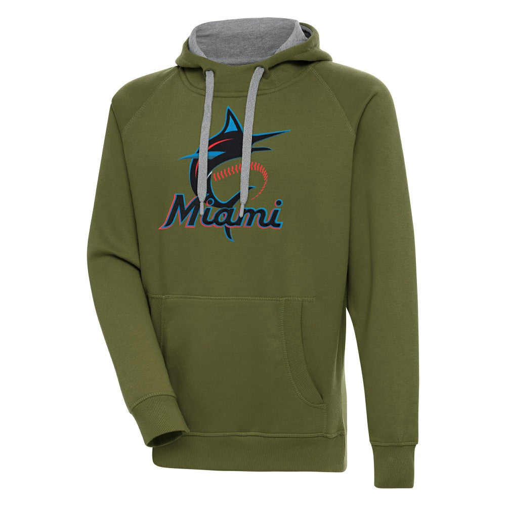 Miami Marlins Antigua Victory Pullover Hoodie - Olive Hoodies
