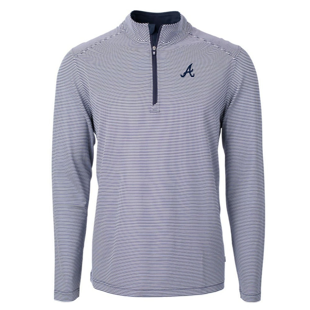 Atlanta Braves Cutter & Buck Virtue Eco Pique Micro Stripe Recycled Quarter-Zip Pullover Top - Navy/White Pullover
