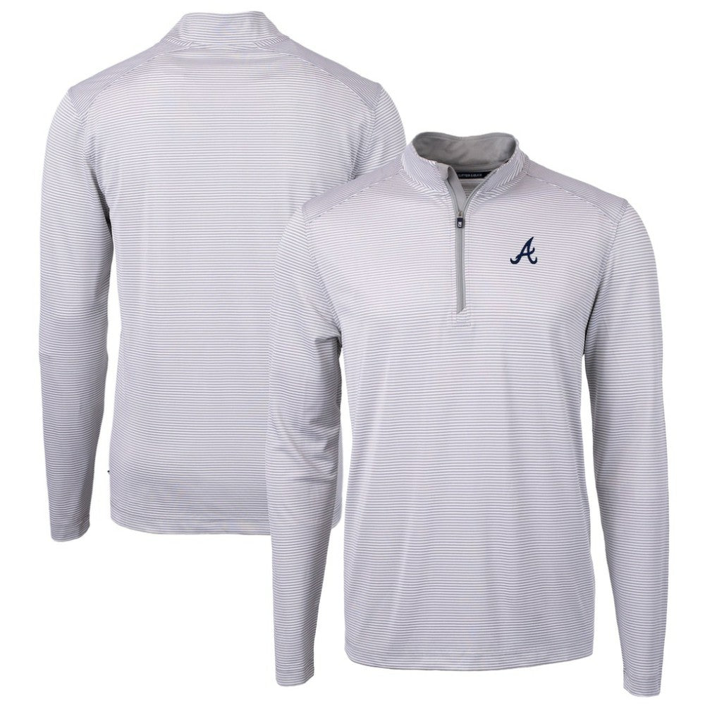 Atlanta Braves Cutter & Buck Virtue Eco Pique Micro Stripe Recycled Quarter-Zip Pullover Top - Gray/White Pullover