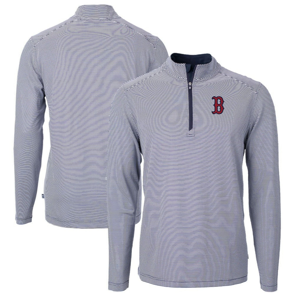 Boston Red Sox Cutter & Buck Virtue Eco Pique Micro Stripe Recycled Quarter-Zip Pullover Top - Navy/White Pullover