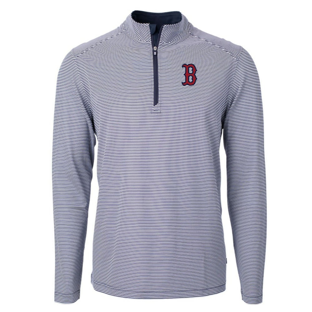 Boston Red Sox Cutter & Buck Virtue Eco Pique Micro Stripe Recycled Quarter-Zip Pullover Top - Navy/White Pullover