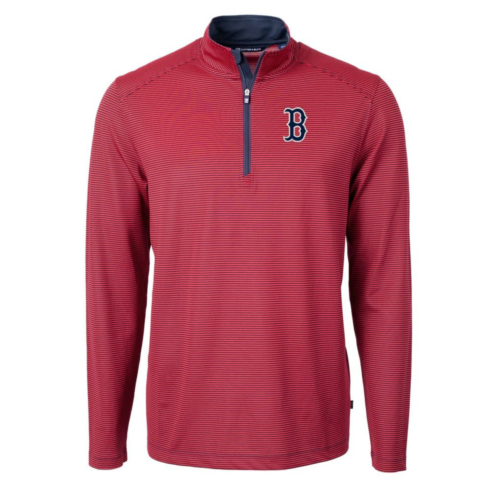 Boston Red Sox Cutter & Buck Virtue Eco Pique Micro Stripe Recycled Quarter-Zip Pullover Top - Red/Navy Pullover