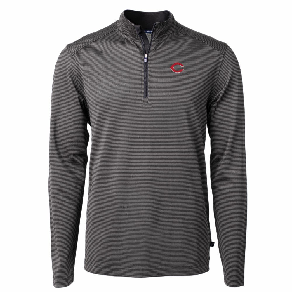 Cincinnati Reds Cutter & Buck Virtue Eco Pique Micro Stripe Recycled Quarter-Zip Pullover Top - Black/Gray Pullover