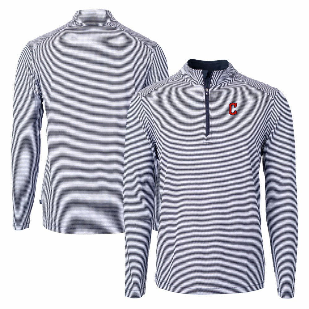 Cleveland Guardians Cutter & Buck Virtue Eco Pique Micro Stripe Recycled Quarter-Zip Pullover Top - Navy/White Pullover