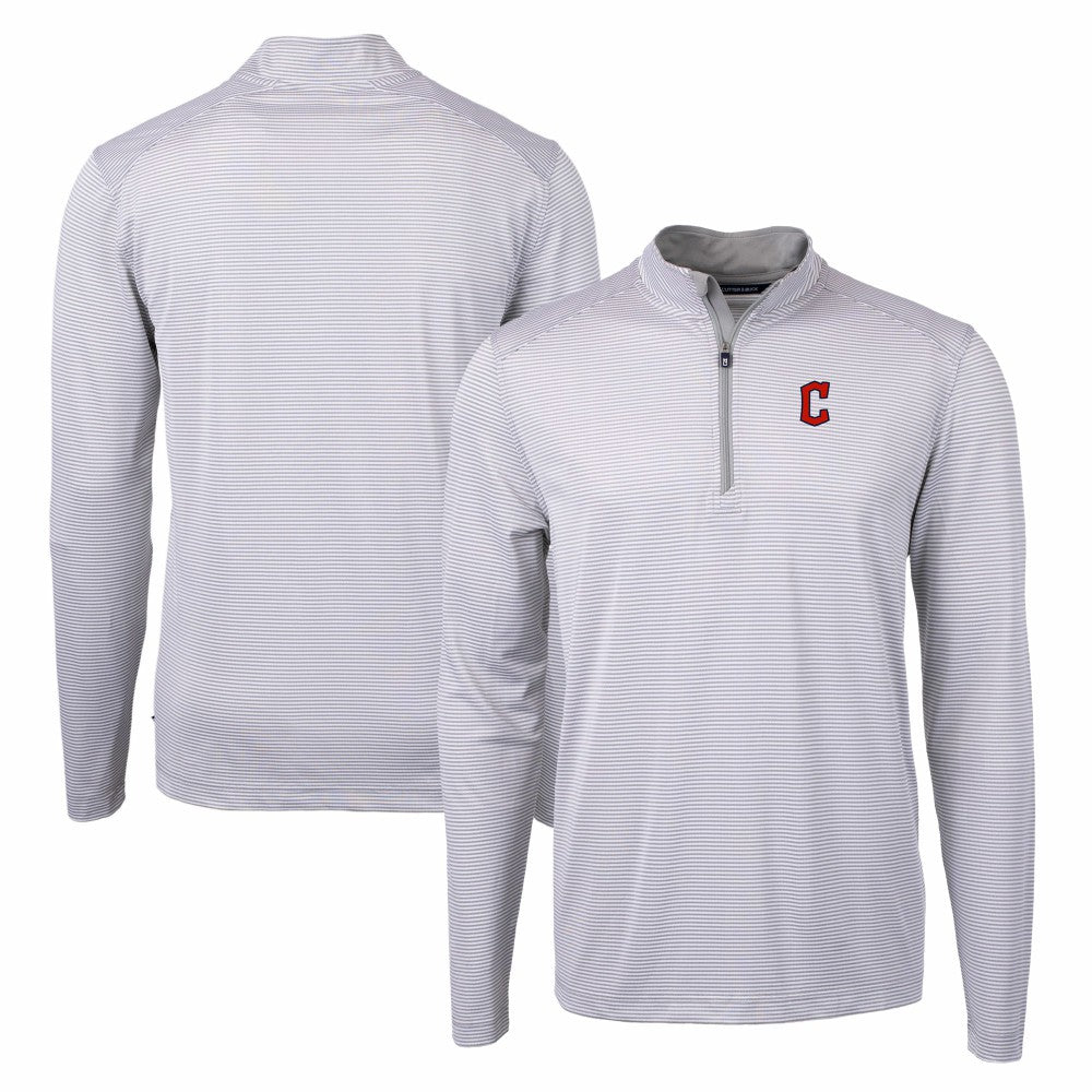 Cleveland Guardians Cutter & Buck Virtue Eco Pique Micro Stripe Recycled Quarter-Zip Pullover Top - Gray/White Pullover