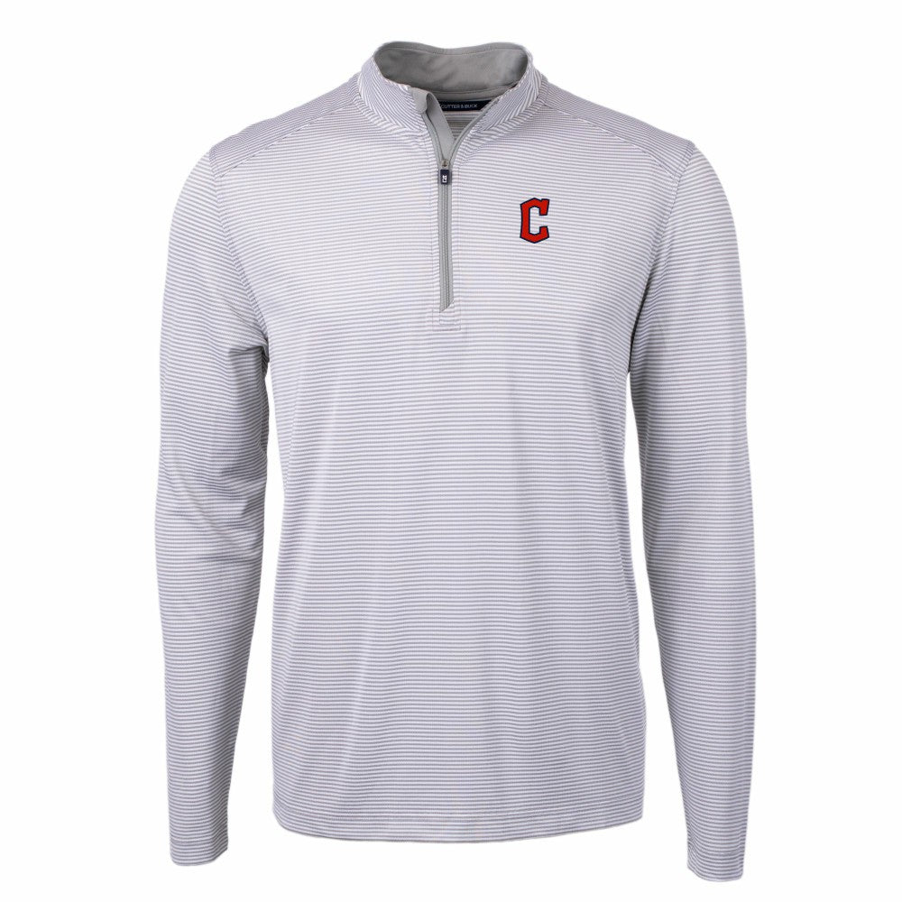 Cleveland Guardians Cutter & Buck Virtue Eco Pique Micro Stripe Recycled Quarter-Zip Pullover Top - Gray/White Pullover