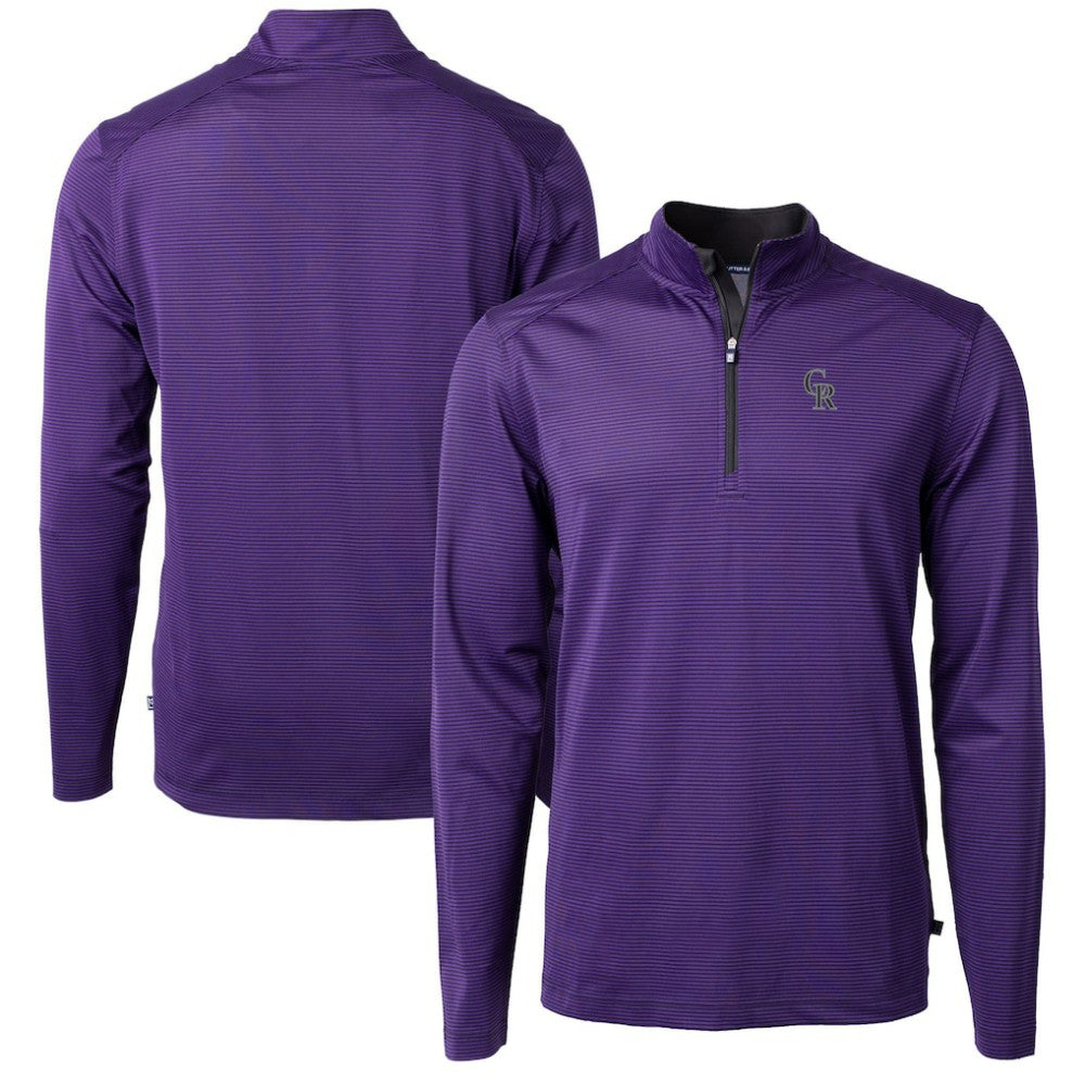 Colorado Rockies Cutter & Buck Virtue Eco Pique Micro Stripe Recycled Quarter-Zip Pullover Top - Purple/Black Pullover