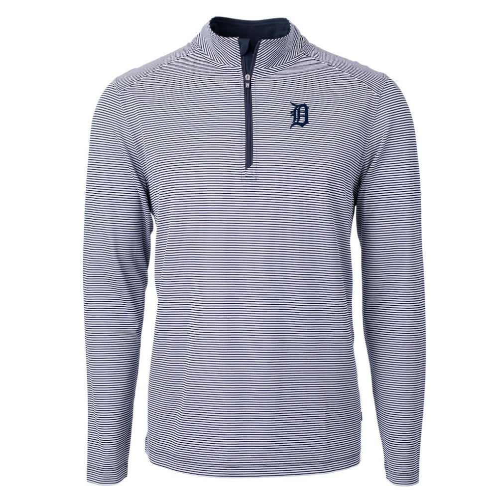 Detroit Tigers Cutter & Buck Virtue Eco Pique Micro Stripe Recycled Quarter-Zip Pullover Top - Navy/White Pullover