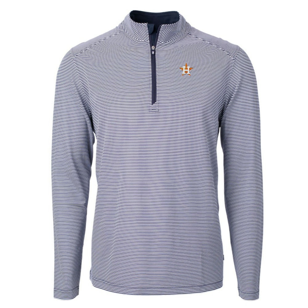 Houston Astros Cutter & Buck Virtue Eco Pique Micro Stripe Recycled Quarter-Zip Pullover Top - Navy/White Pullover