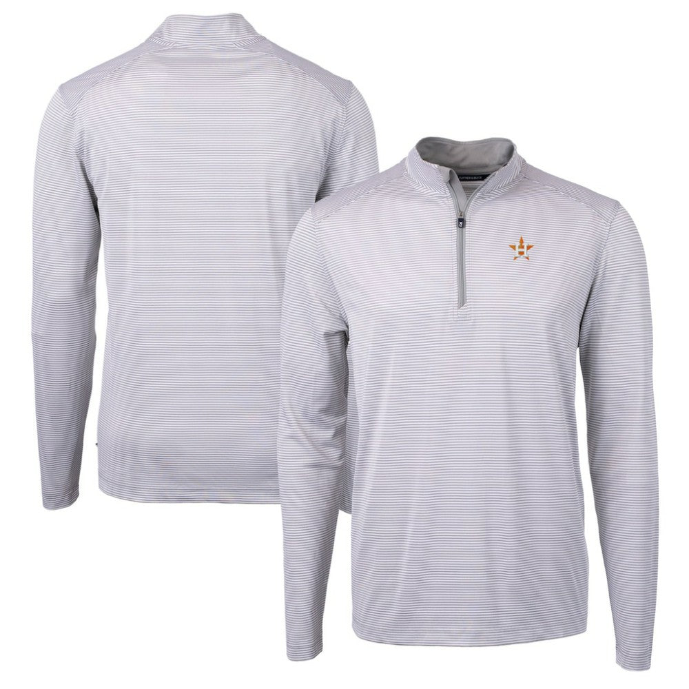 Houston Astros Cutter & Buck Virtue Eco Pique Micro Stripe Recycled Quarter-Zip Pullover Top - Gray/White Pullover