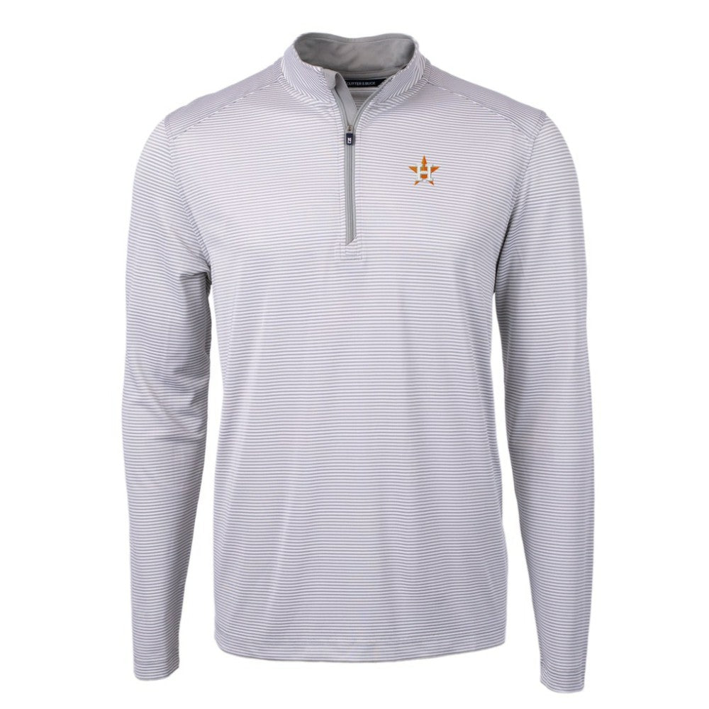 Houston Astros Cutter & Buck Virtue Eco Pique Micro Stripe Recycled Quarter-Zip Pullover Top - Gray/White Pullover