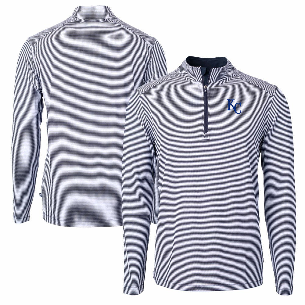 Kansas City Royals Cutter & Buck Virtue Eco Pique Micro Stripe Recycled Quarter-Zip Pullover Top - Navy/White Pullover