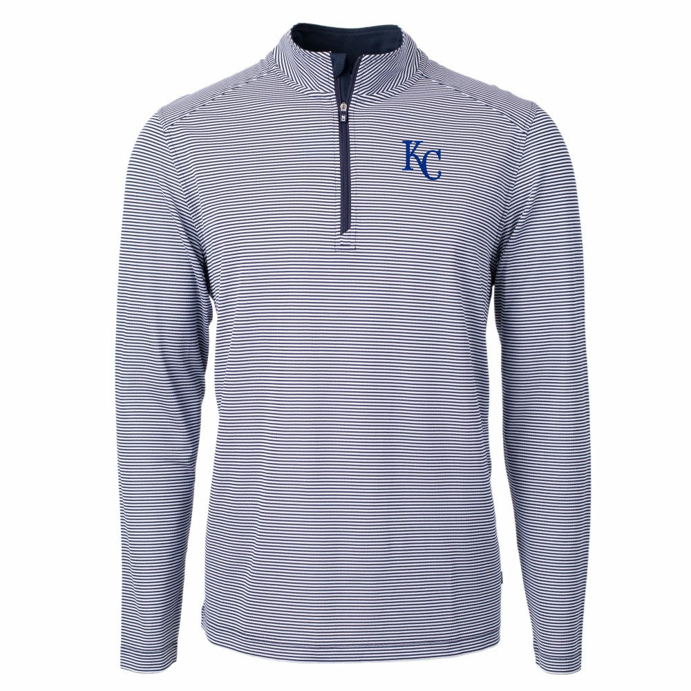 Kansas City Royals Cutter & Buck Virtue Eco Pique Micro Stripe Recycled Quarter-Zip Pullover Top - Navy/White Pullover
