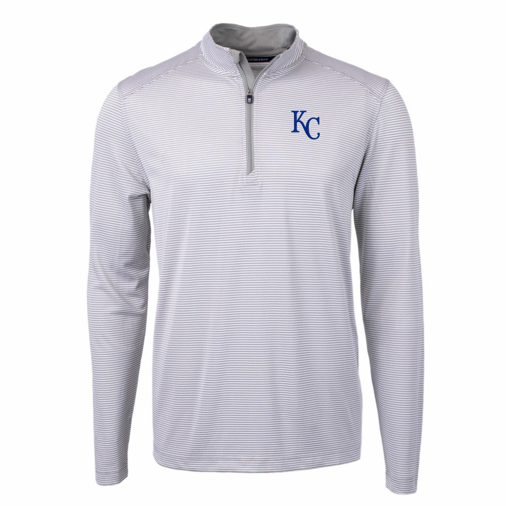 Kansas City Royals Cutter & Buck Virtue Eco Pique Micro Stripe Recycled Quarter-Zip Pullover Top - Gray/White Pullover