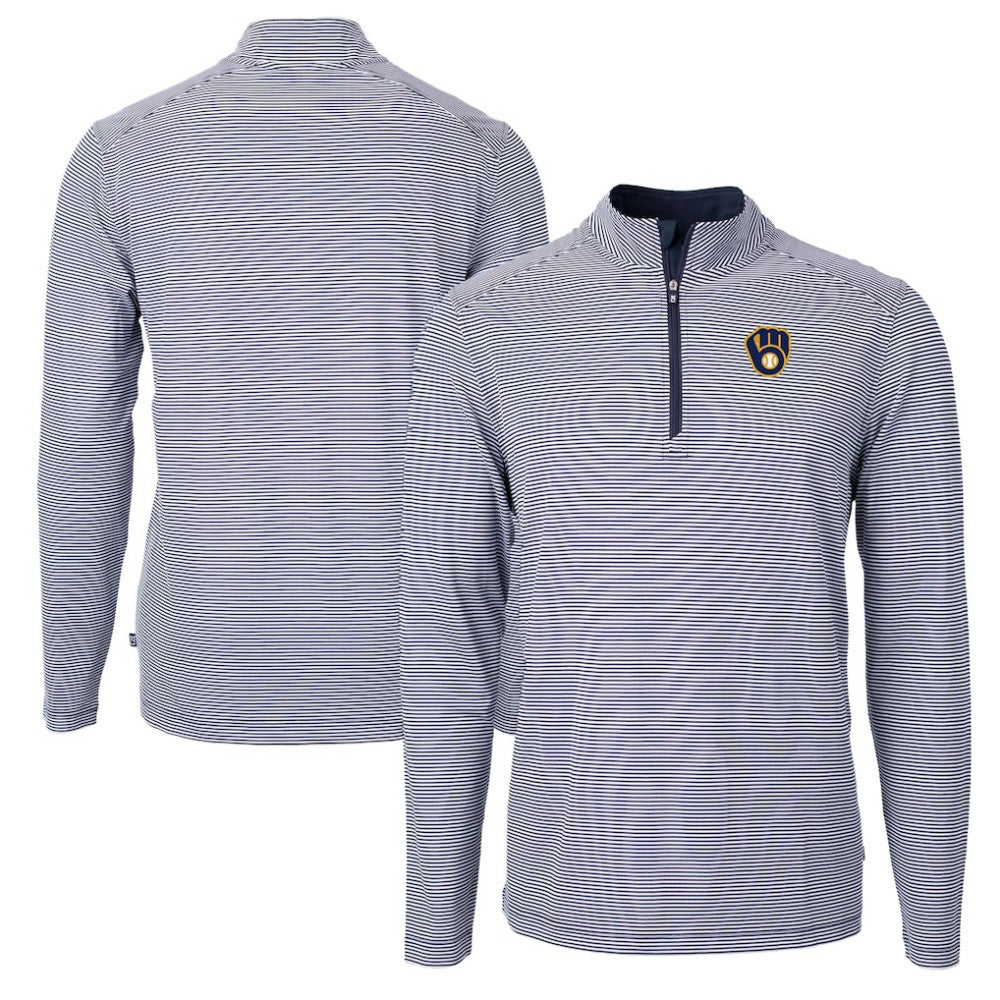 Milwaukee Brewers Cutter & Buck Virtue Eco Pique Micro Stripe Recycled Quarter-Zip Pullover Top - Navy/White Pullover
