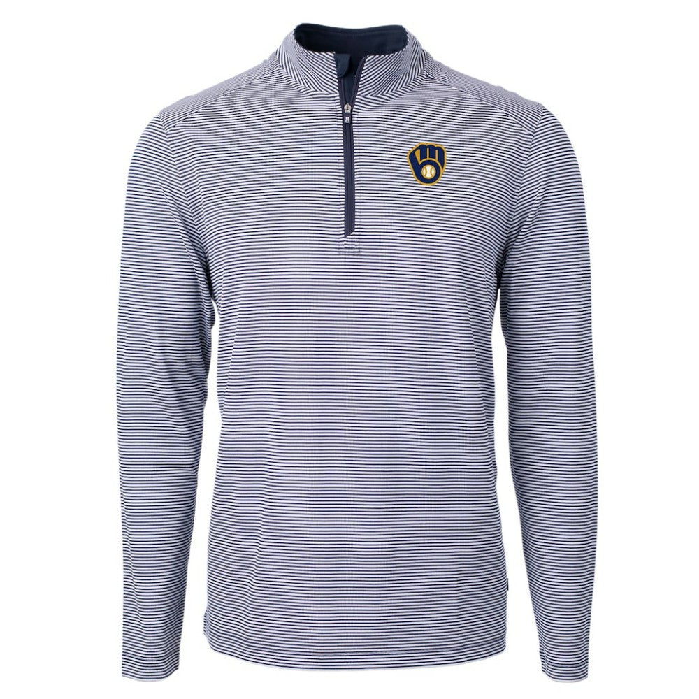 Milwaukee Brewers Cutter & Buck Virtue Eco Pique Micro Stripe Recycled Quarter-Zip Pullover Top - Navy/White Pullover