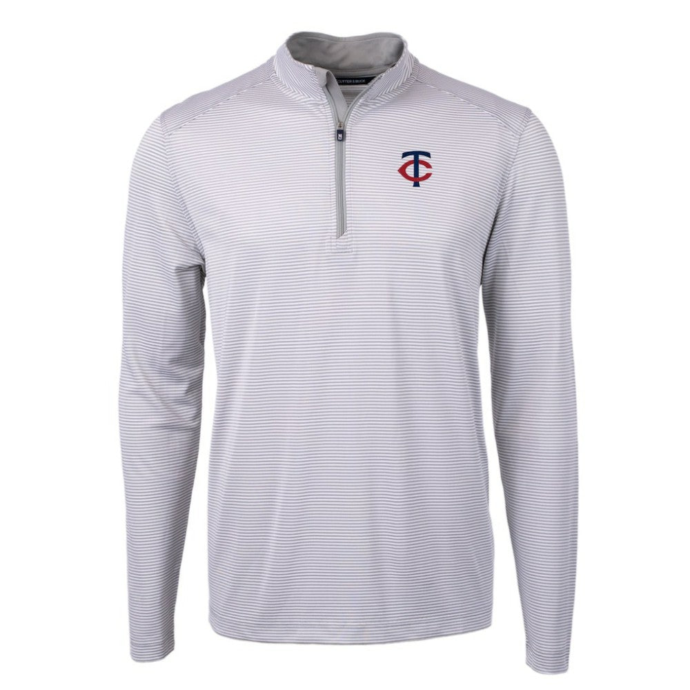 Minnesota Twins Cutter & Buck Virtue Eco Pique Micro Stripe Recycled Quarter-Zip Pullover Top - Gray/White Pullover