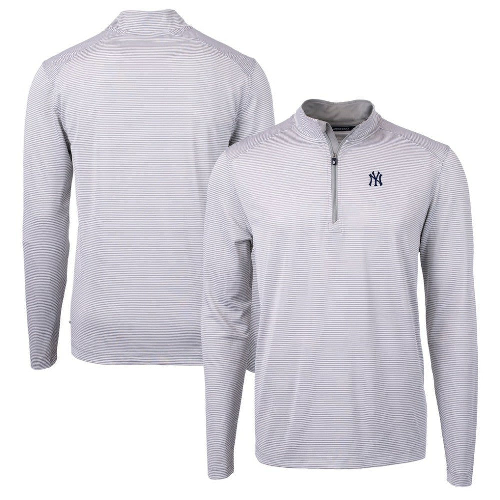 New York Yankees Cutter & Buck Virtue Eco Pique Micro Stripe Recycled Quarter-Zip Pullover Top - Gray/White Pullover