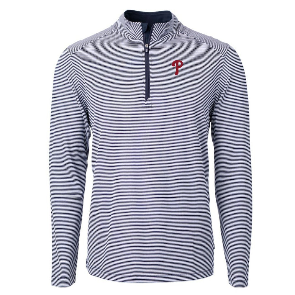 Philadelphia Phillies Cutter & Buck Virtue Eco Pique Micro Stripe Recycled Quarter-Zip Pullover Top - Navy/White Pullover